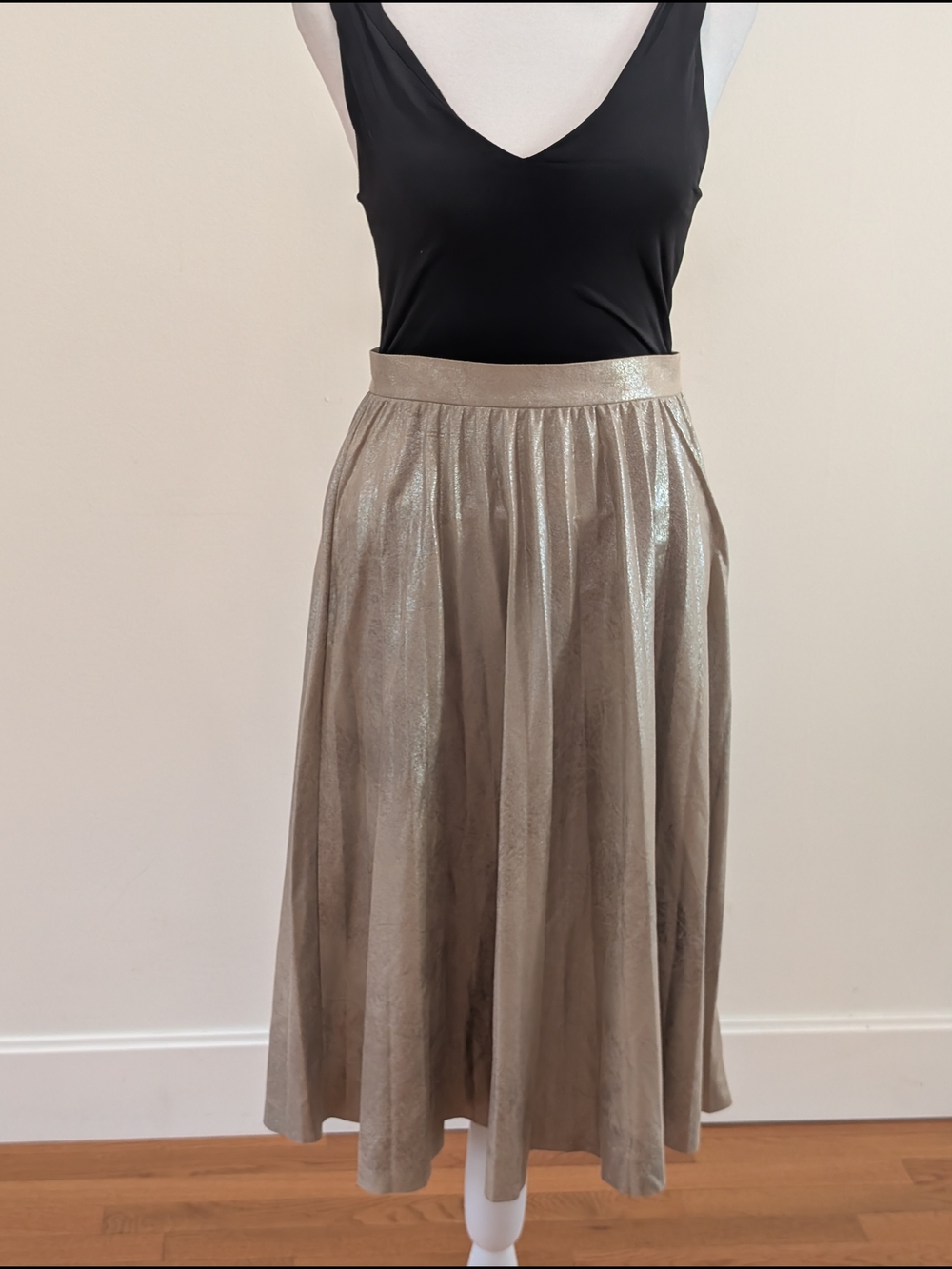 Maeve Anthropologie Metallic Pleated Midi Skirt - Neutral Shimmer